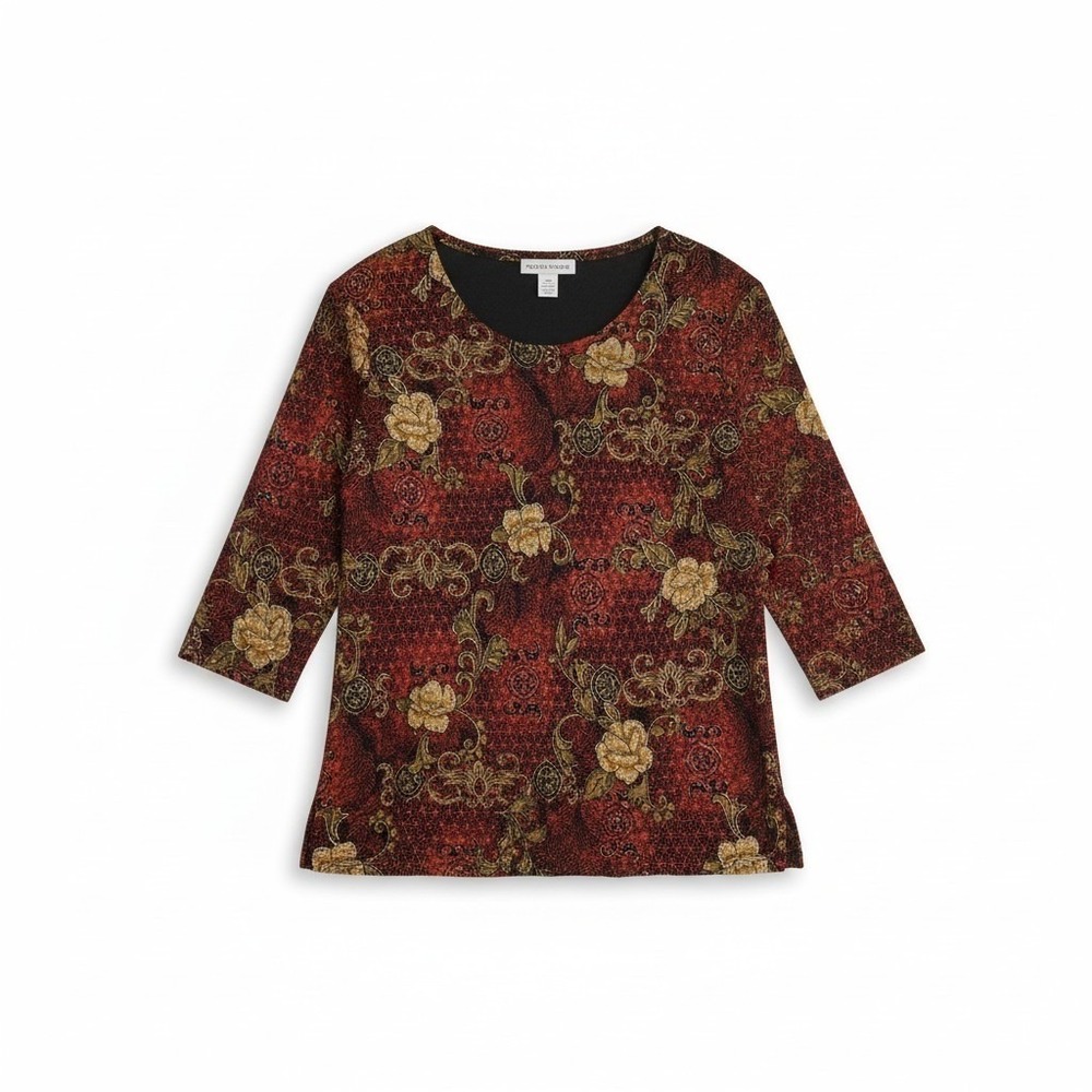 Notations Womens Red Gold Metallic Floral 3/4 Sleeve Top Small Made in USA 1131X